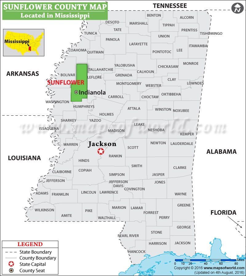 Sunflower County Map, Mississippi