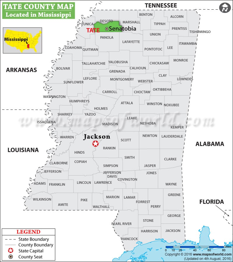 Tate County Map, Mississippi