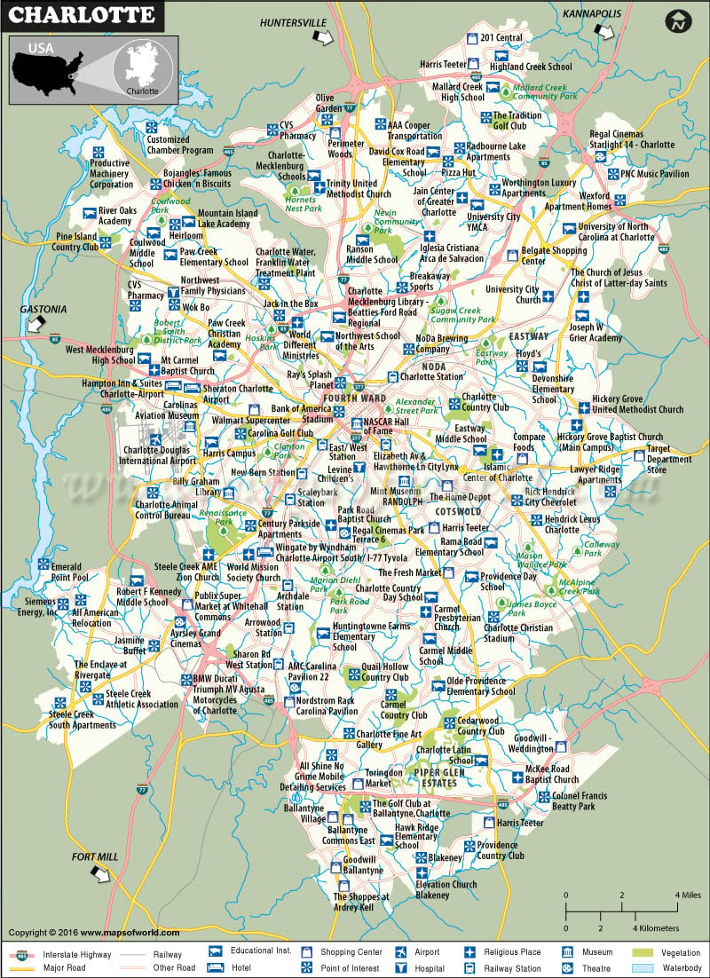 Charlotte Map, North Carolina, USA