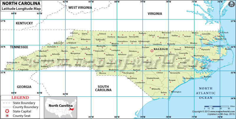 North Carolina Latitude and Longitude Map