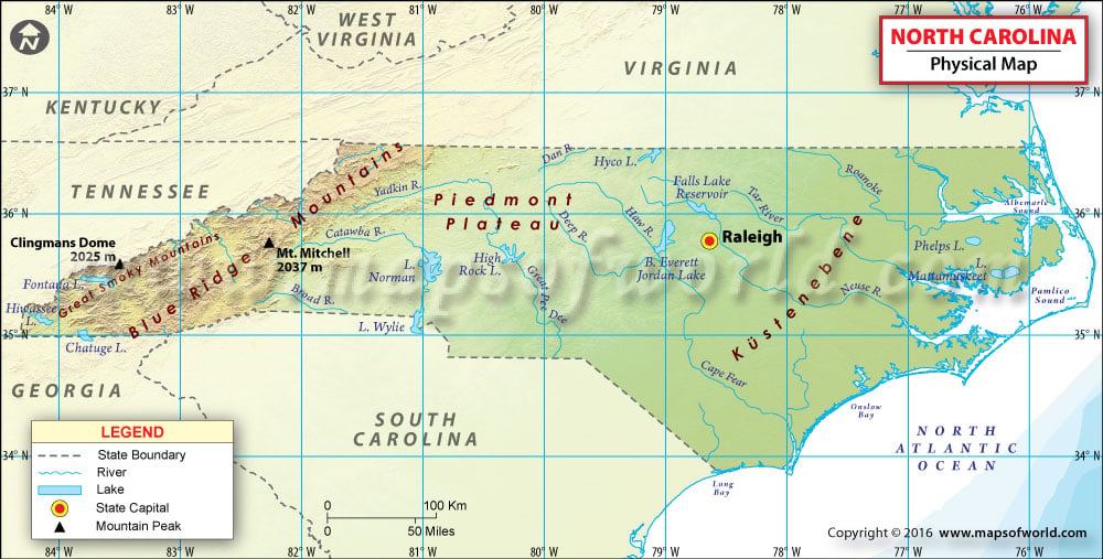 Physical Map of North Carolina