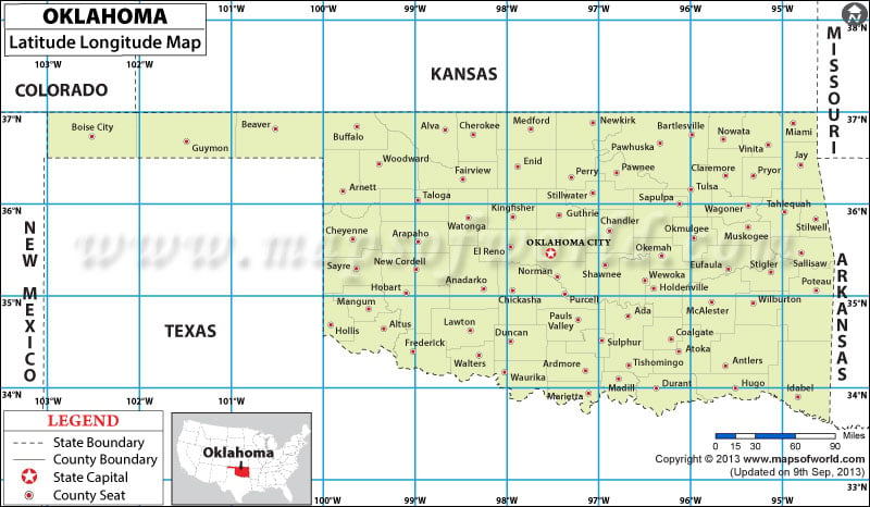 Oklahoma Latitude and Longitude Map