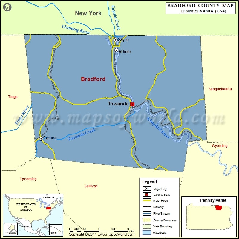 Bradford County Map, Pennsylvania