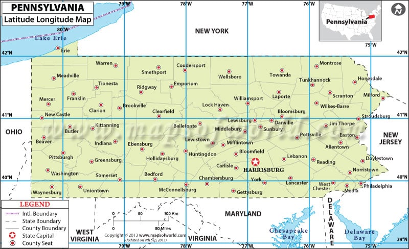 Pennsylvania Latitude and Longitude Map