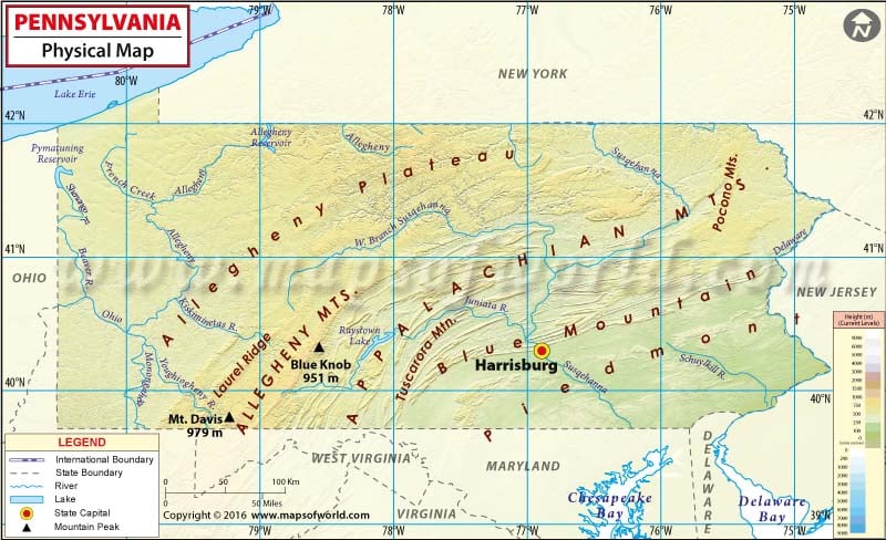 Physical Map of Pennsylvania