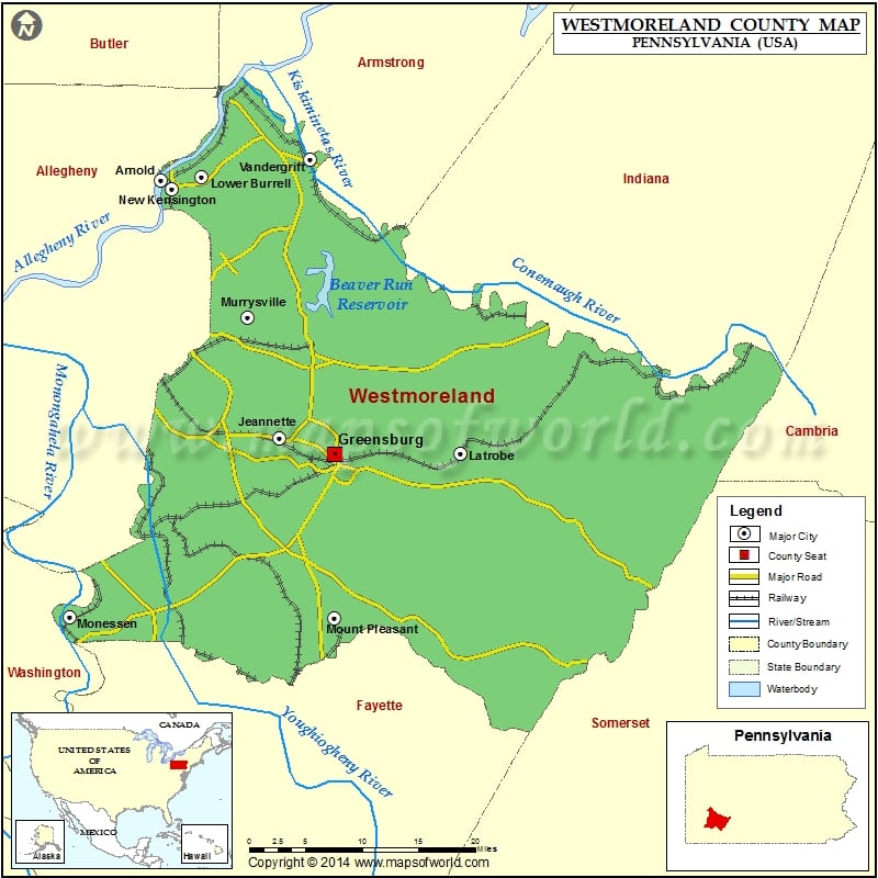 Westmoreland County Map, Pennsylvania