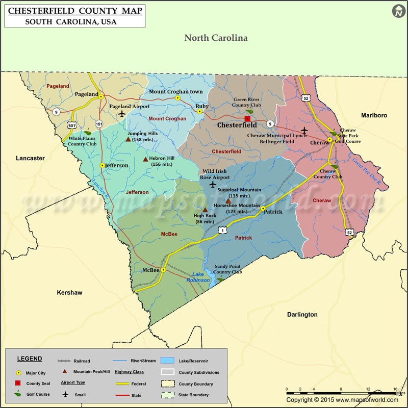 Printable map of Chesterfield County, South Carolina (USA) showing the Coun...