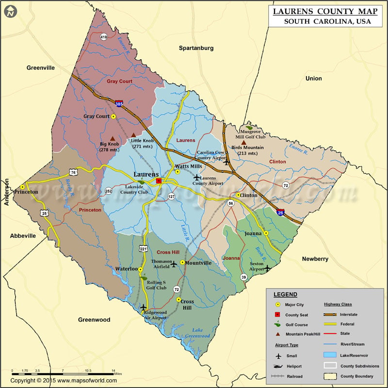 Laurens County Map, South Carolina