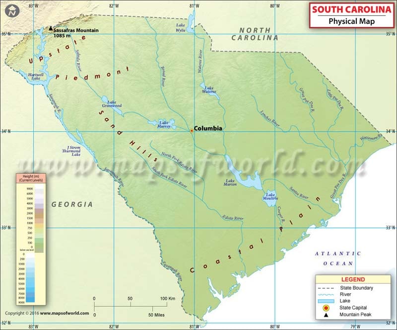 Physical Map of South Carolina