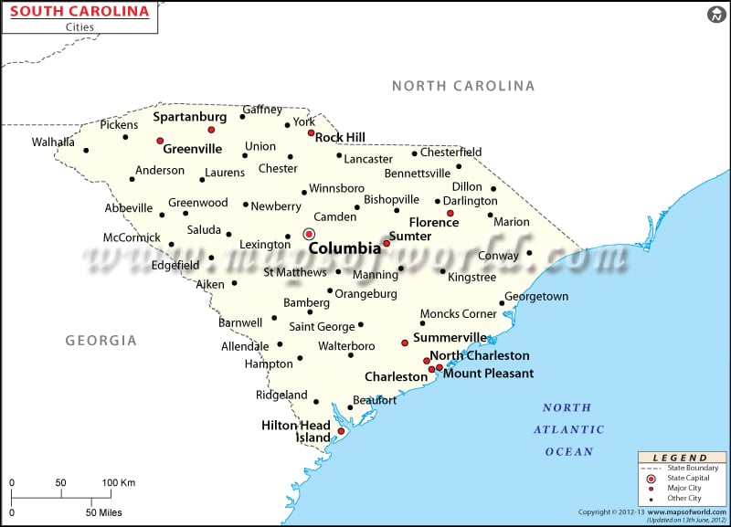 South Carolina Map with Cities