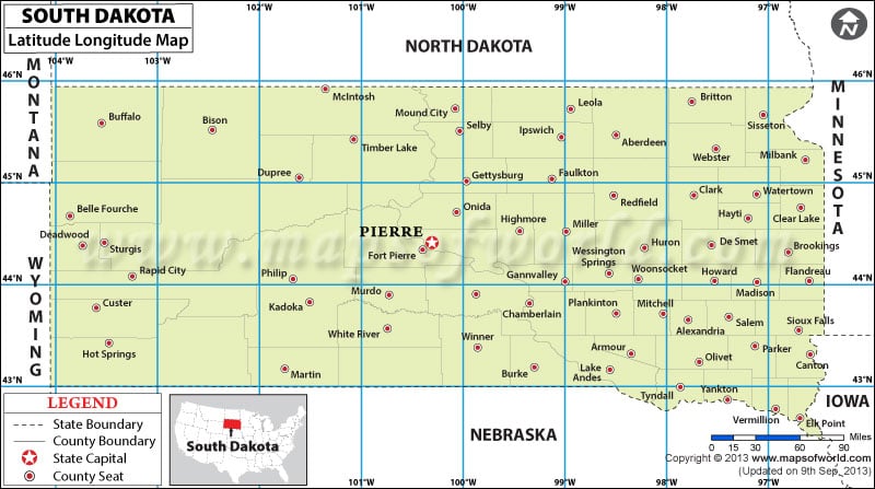 South Dakota Latitude and Longitude Map