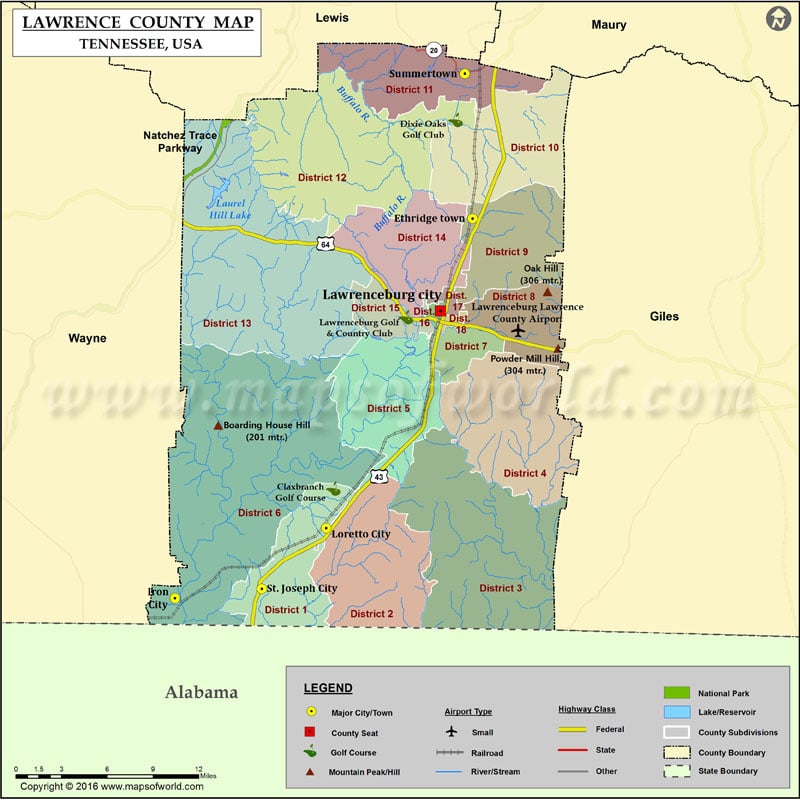 Lawrence County Map, Tennessee