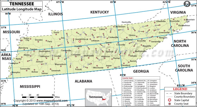 Latitude and Longitude Map of Tennessee