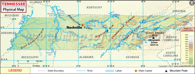 Physical Map of Tennessee