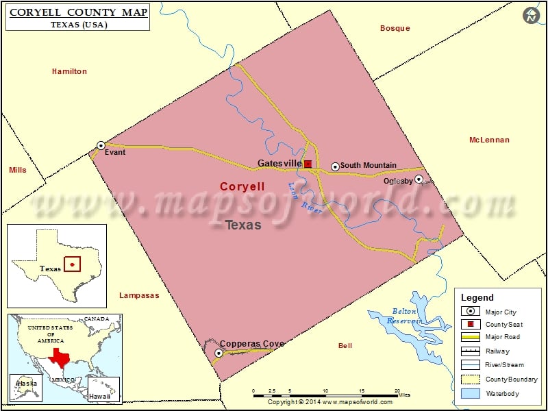 Coryell County Map, Texas
