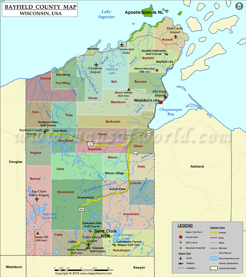 Bayfield County Map, Wisconsin