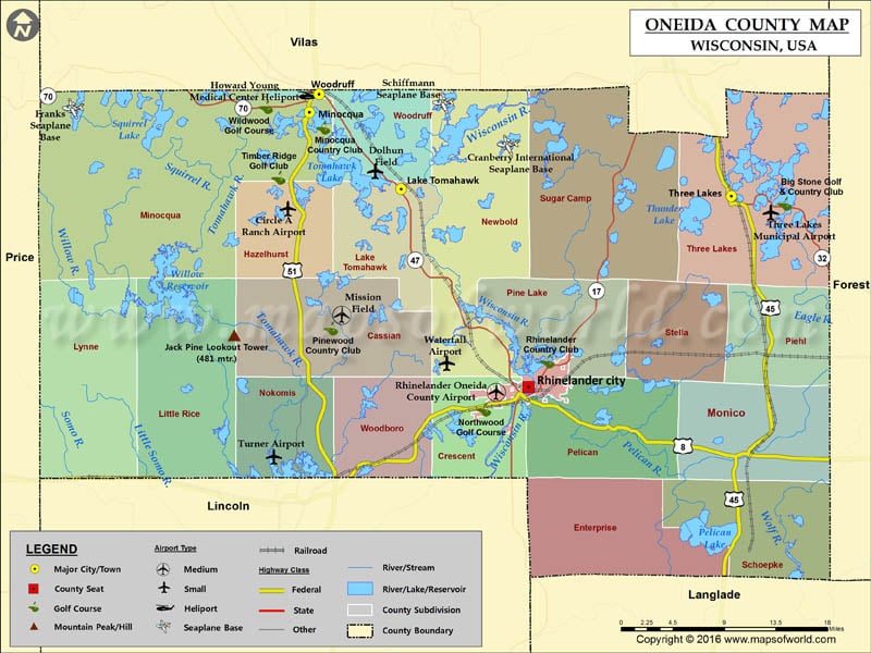 Oneida County Map, Wisconsin