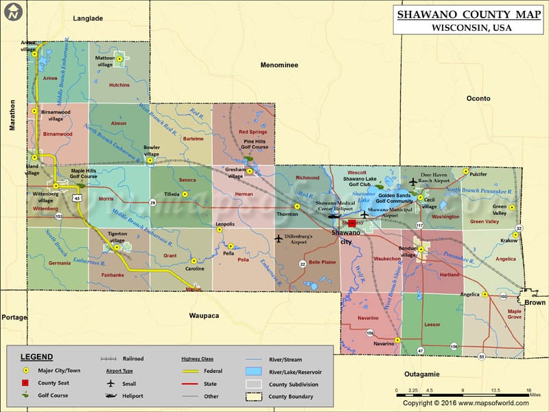 Shawano County Map, Wisconsin