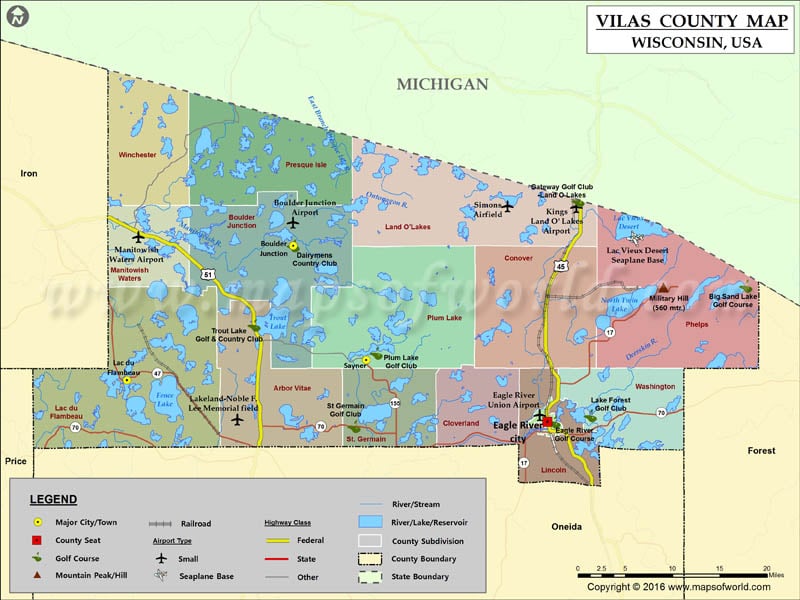 Vilas County Map, Wisconsin