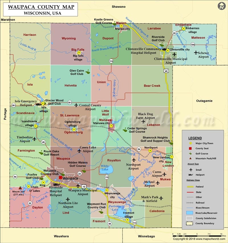 Printable map of Waupaca County, Wisconsin (USA) showing the County boundar...