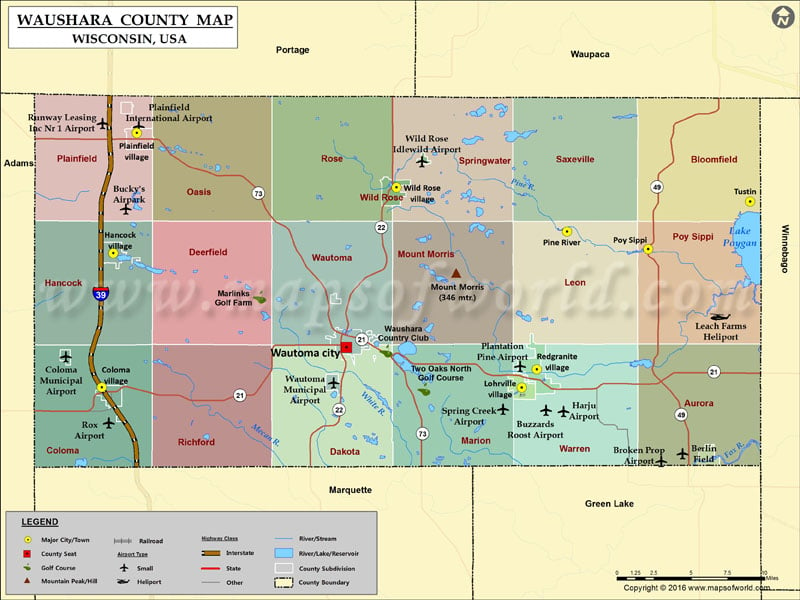 Waushara County Map, Wisconsin