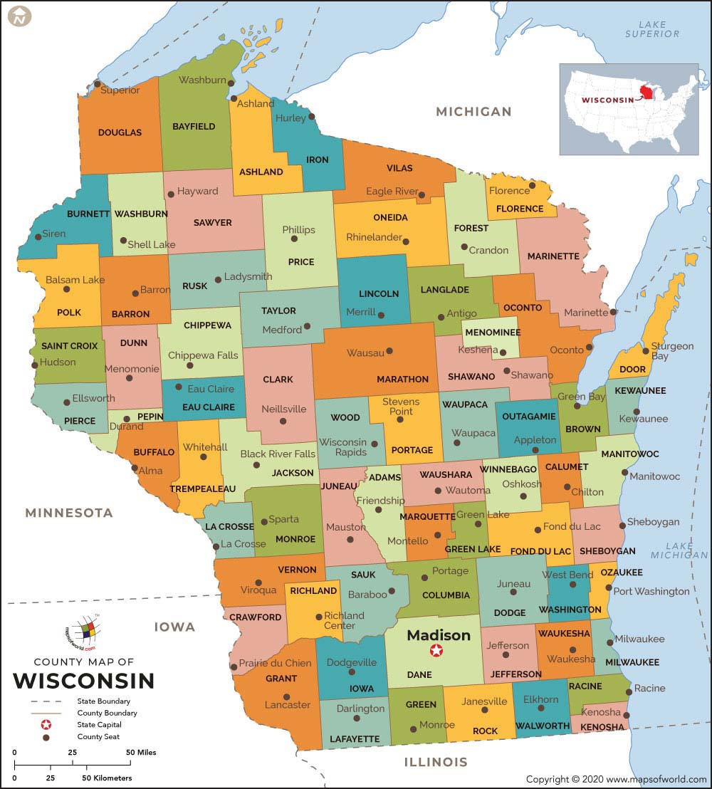 Wi Map With Counties And Cities - Donica Maegan