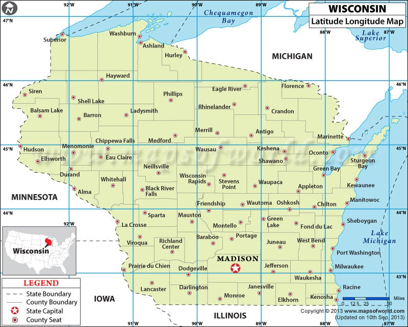 Wisconsin Latitude and Longitude Map