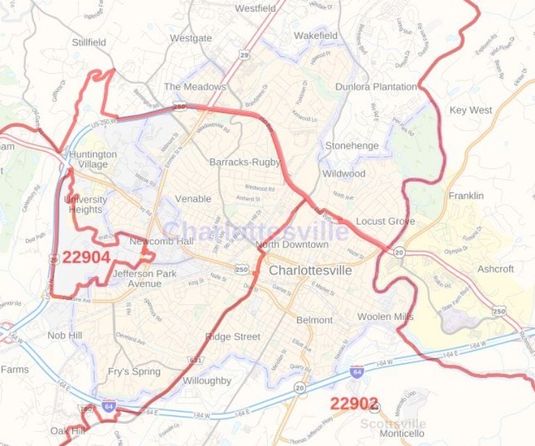 Charlottesville City Zip Code Map Virginia 