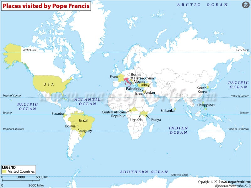 Map of Countries visited by Pope Francis