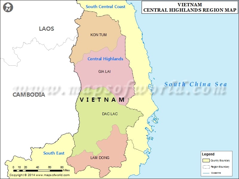 Map of Central Highlands Region, Vietnam