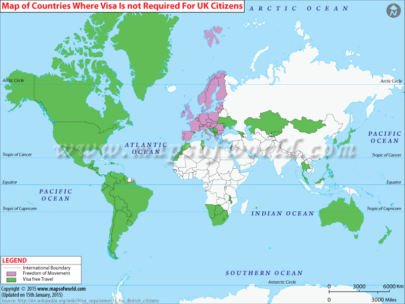 Map of Countries where Visa is not Required for UK Citizens