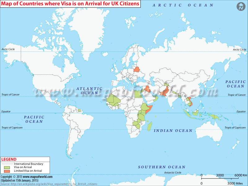 Map of Countries where Visa is on Arrival for UK Citizens