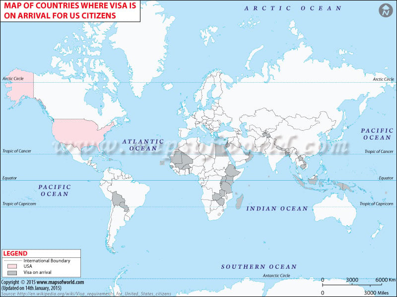 Map of Countries where Visa is on Arrival for US Citizens