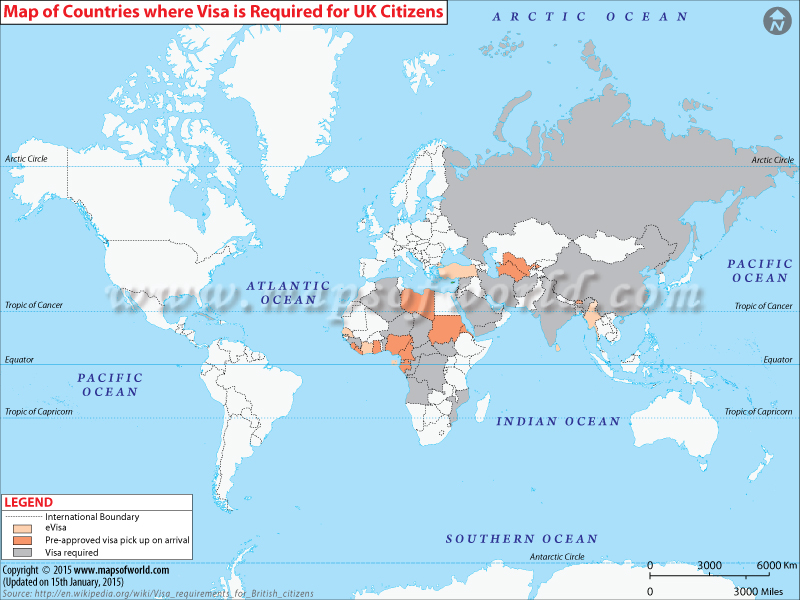 Map of Countries where Visa is Required for UK Citizens