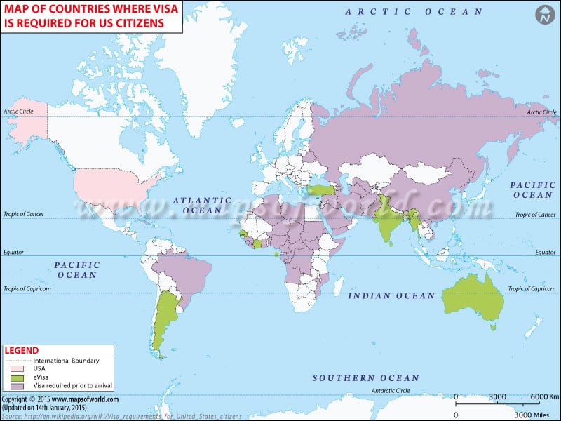 Map of Countries where Visa is Required for US Citizens