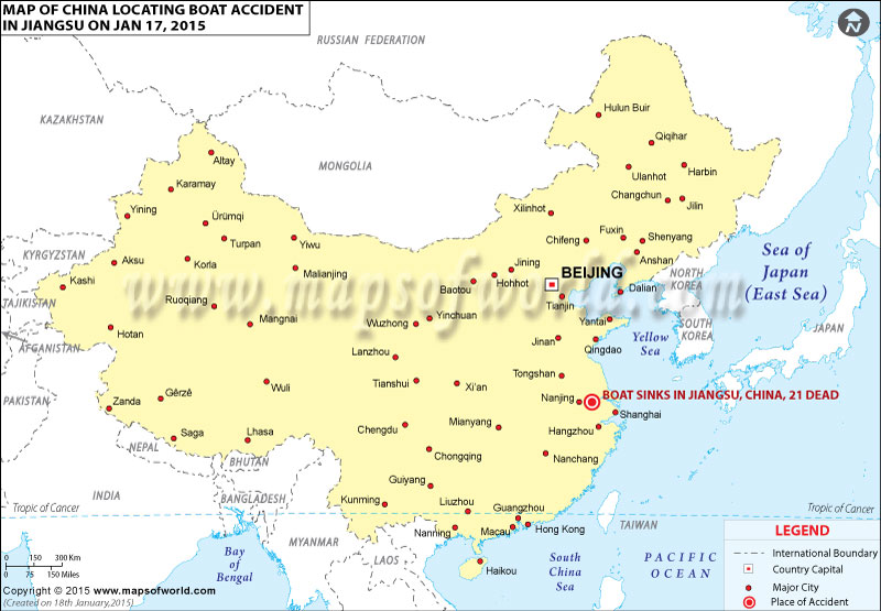 Map of China locating Boat accident in Jiangsu on Jan 17, 2015 | World News