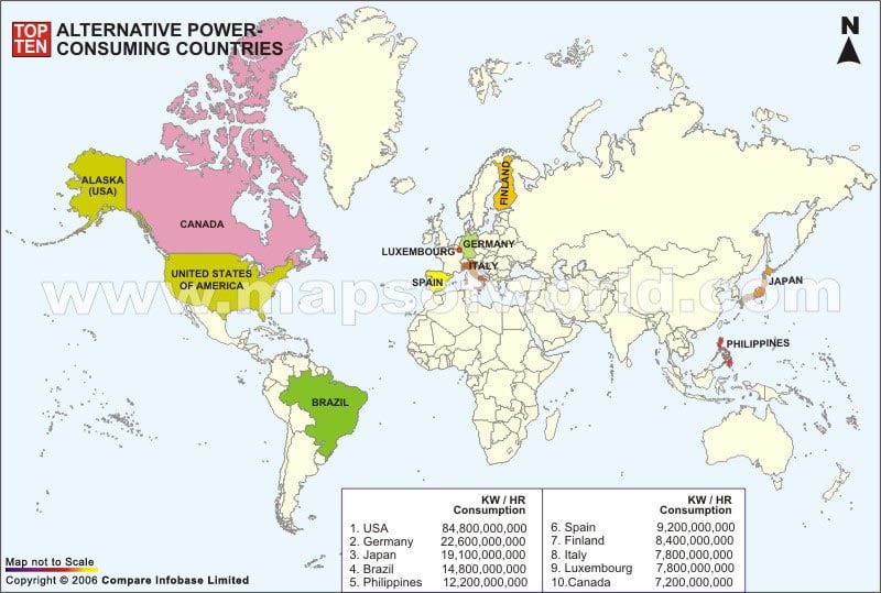Top Ten Alternative Power Consuming Countries Map