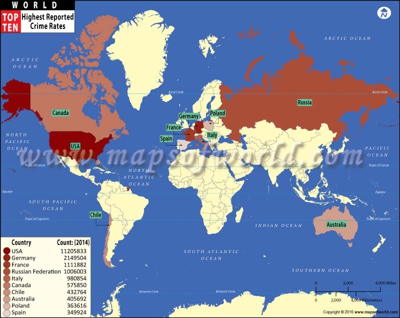 Top Ten Highest Reported Crime Rates Countries Map