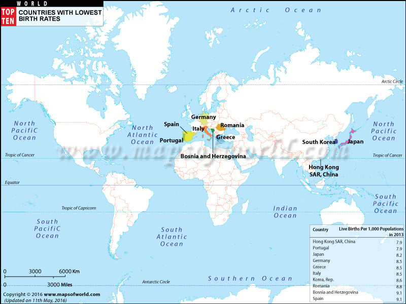 Top Ten Countries With Lowest Birth Rate Map