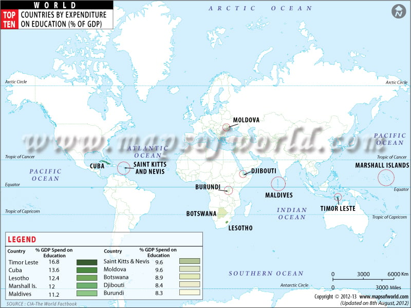 Top Ten Countries by Expenditure on Education Map