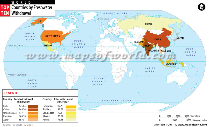 World Map with Top Ten Countries by Freshwater Withdrawal