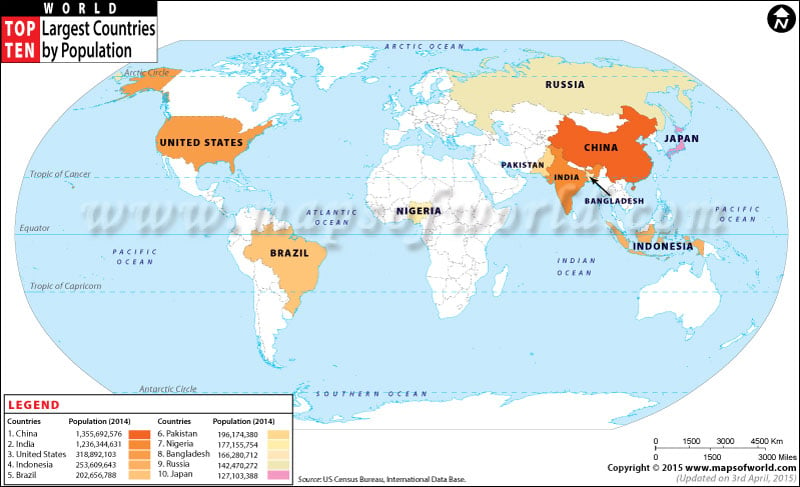 Map of Top Ten Largest Countries Population