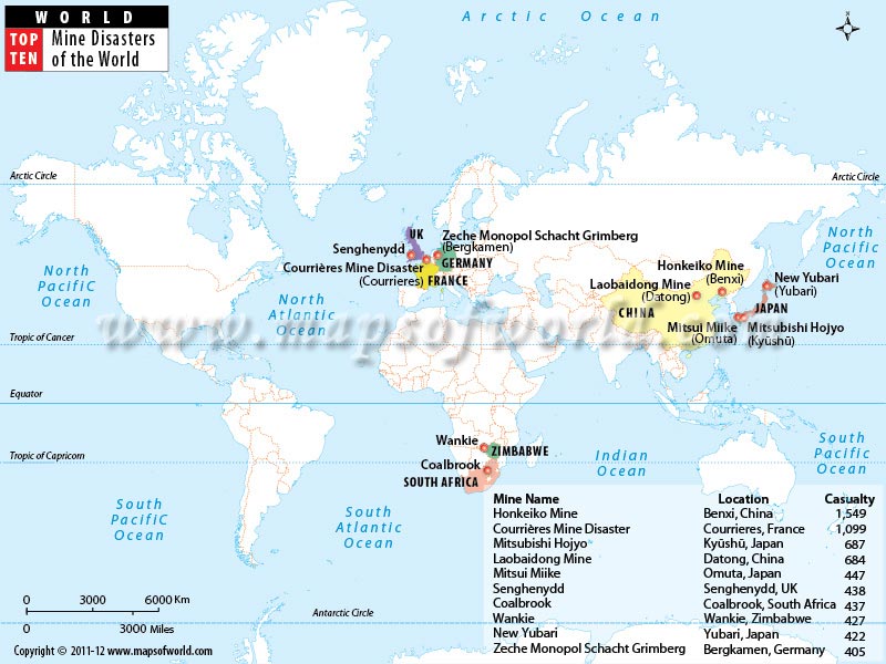 Top Ten Mine Disasters of the World Map