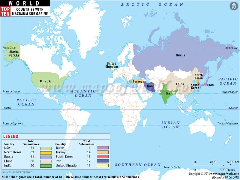 Top Ten Countries with Maximum Submarines Map