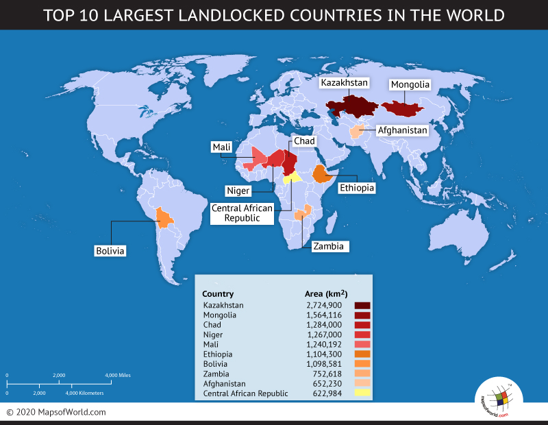 Top Ten Largest Landlocked Countries Map