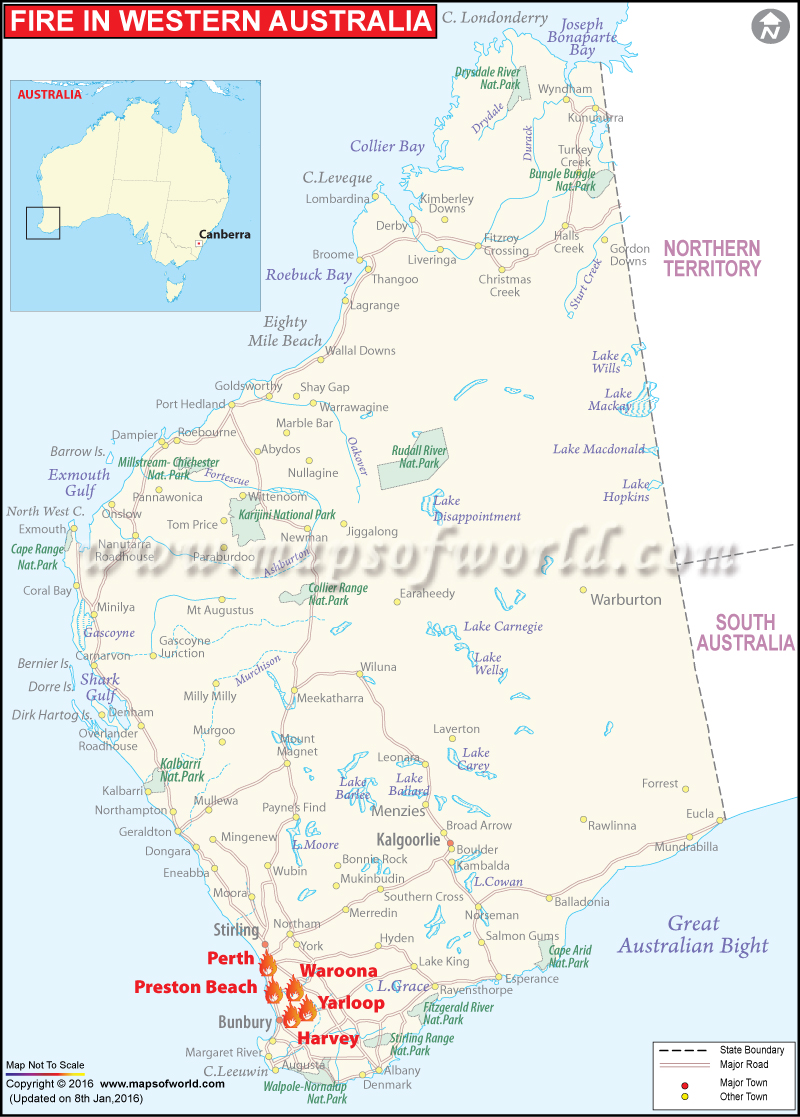 Map of Western Australia showing Waroona bushfire affected area